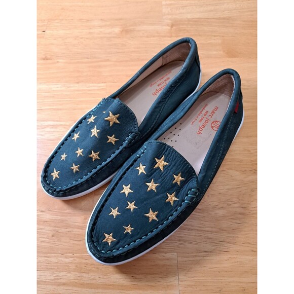 Marc Joseph Madison Leather Nubuck Loafers Big Kid Size 3.5 Green w/ Gold Stars - Picture 1 of 16